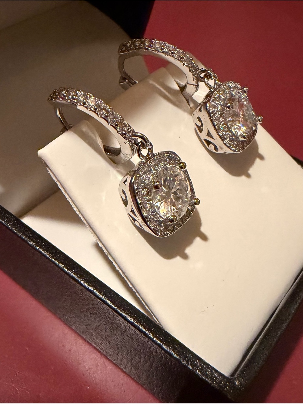 925 Silver Moissanite Cushion Halo Drop Earrings - Picture 2 of 2